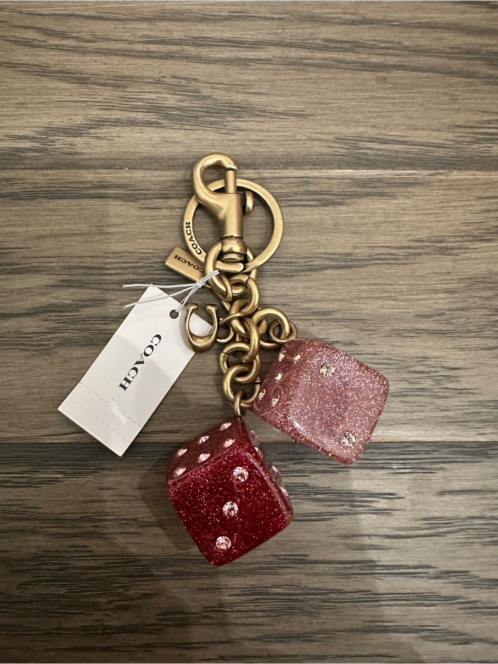 NWT Coach Dice Bag Charm CEA16 Gold/Pink Multi